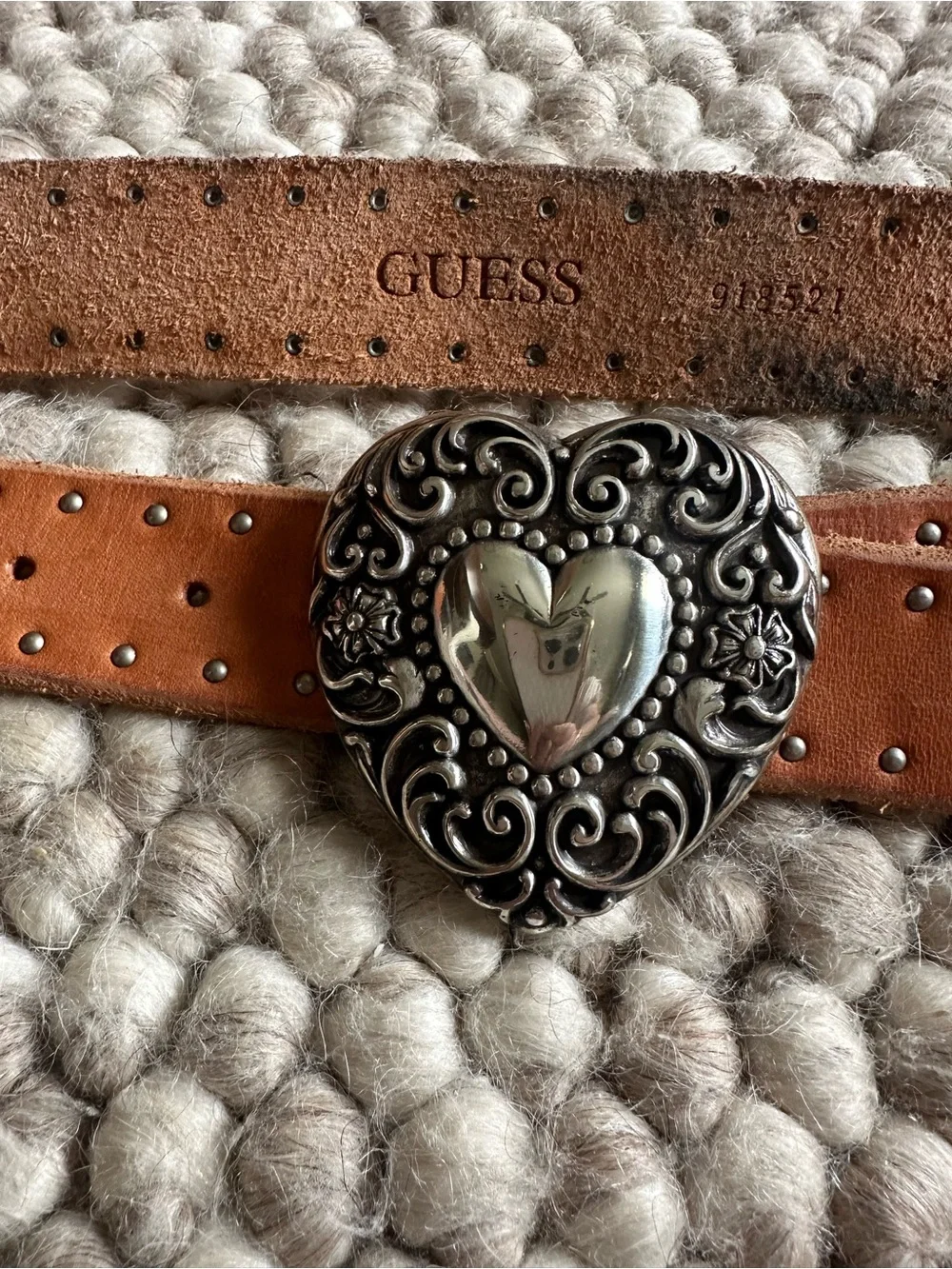 Vintage Guess Tan Leather Belt with Ornate Silver Heart Buckle